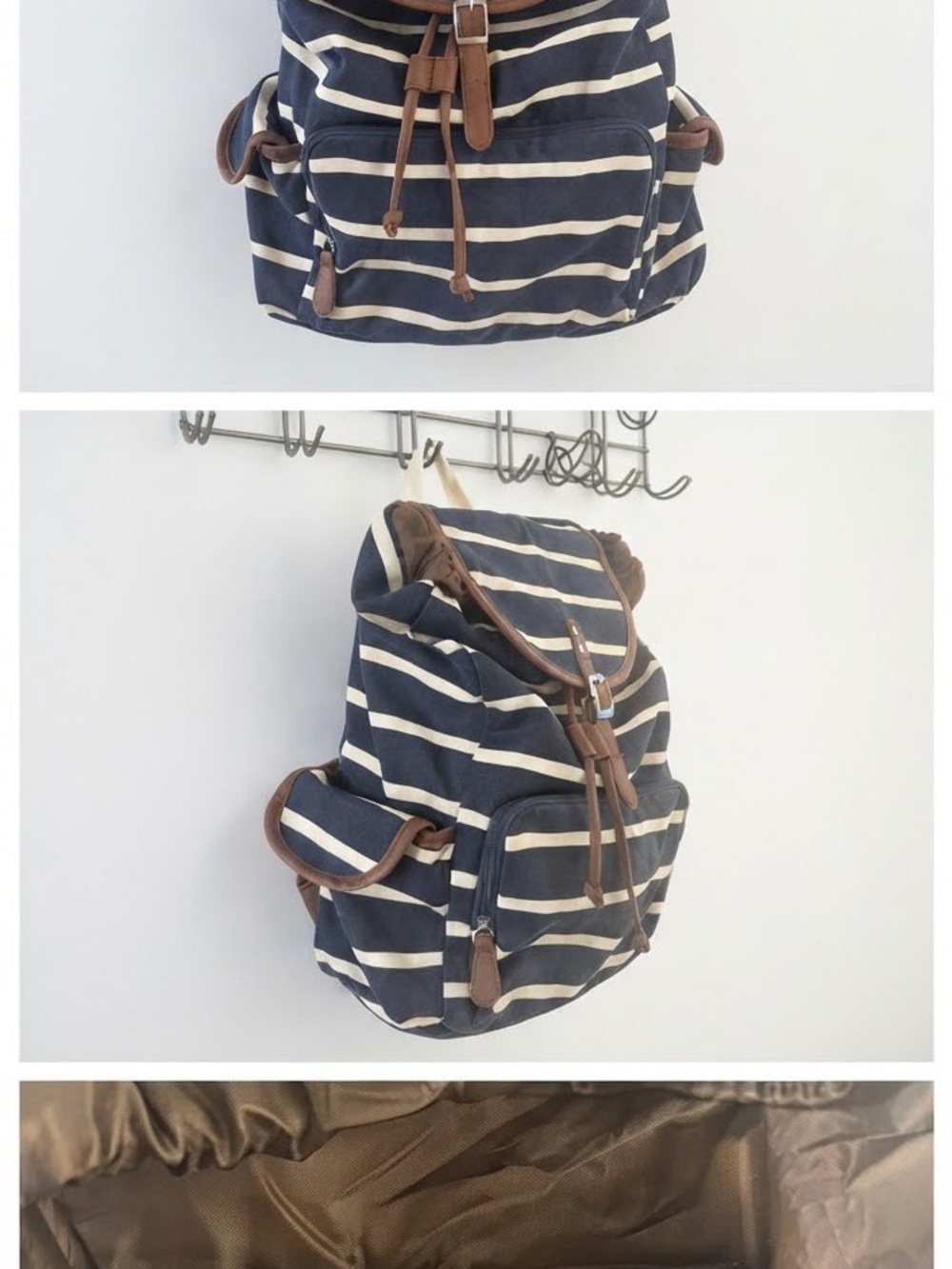 Navy Stripe Canvas Backpack with Brown Trim - Casual Men’s Bag